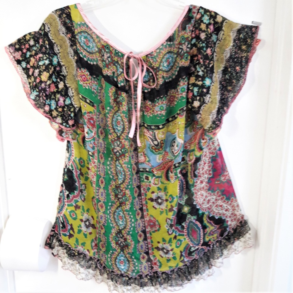 Casting France Blouse Sheer Glitter Tiered Lace Ruffle Peplum Piping Prairie 1X